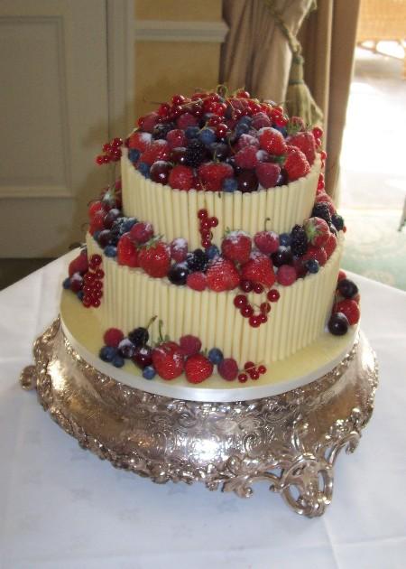 Stacked Chocolate Curl and Fruit Wedding Cake  Ref CW008